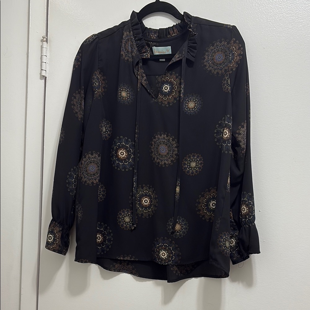 Veronica M Black and Gold Tie Front Blouse